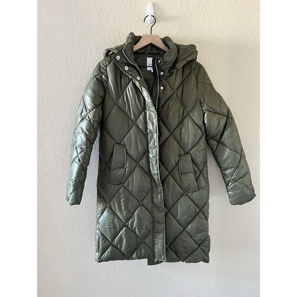Sam Edelman Longline QuiltedPuffer Jacket Green Full Zip Hood Pockets Size Small - Picture 1 of 10
